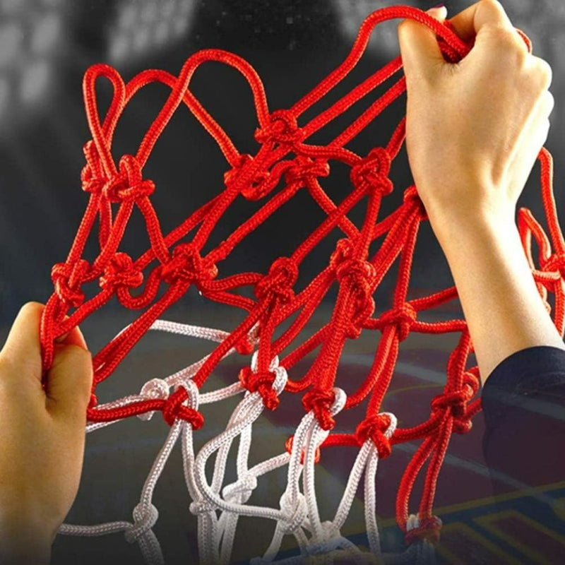 Load image into Gallery viewer, Een persoon trekt aan een complex web van rode en witte knopen, gemaakt van hoogwaardig nylon, dat doet denken aan een professioneel Sla je basketbaldoel niet in de oorlog met een versleten net.
