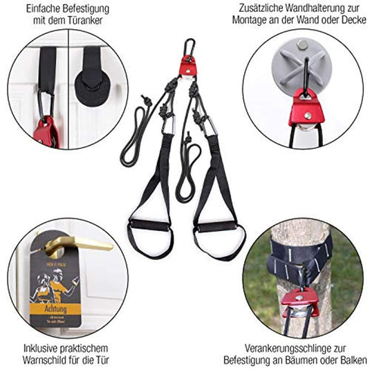 Een set afbeeldingen met verschillende soorten touwen en de Veelzijdige Suspension Trainer voor een complete trainingsaccessoires.