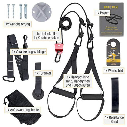 Complete sling trainer kit met deuranker, wandbevestiging, katrol, posters en tas voor een intensieve workout