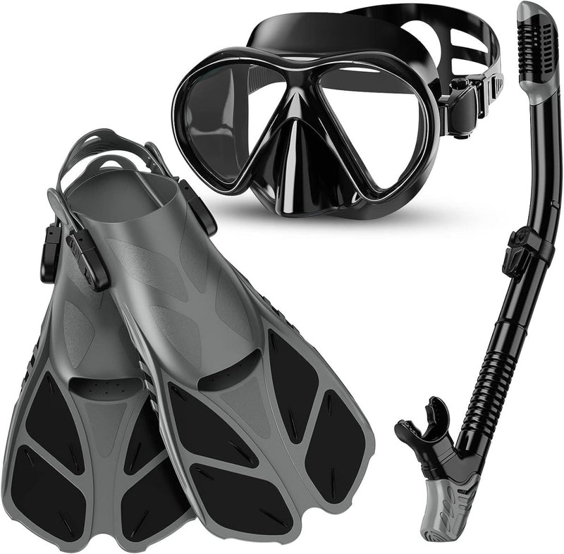 Laad afbeelding in Galerijviewer, Snorkelset, duikbril met snorkel en zwemvliezen, snorkelset voor volwassenen, duikbril, met snorkel voor heren en dames, duiken, 3-delige set - happygetfit.com
