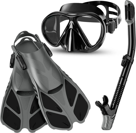 Snorkelset, duikbril met snorkel en zwemvliezen, snorkelset voor volwassenen, duikbril, met snorkel voor heren en dames, duiken, 3-delige set - happygetfit.com