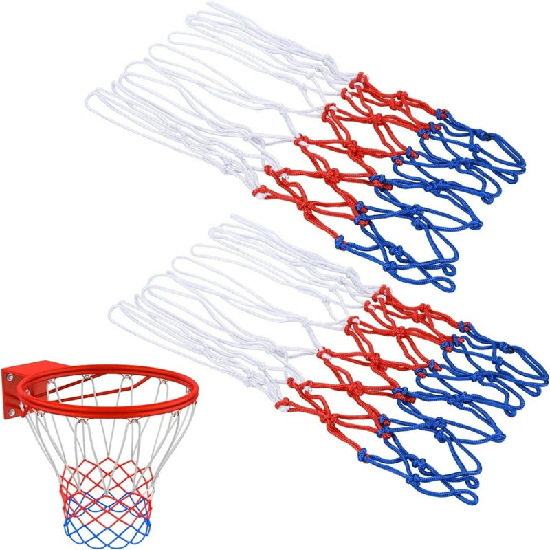 Load image into Gallery viewer, Een set witte, rode en blauwe glow-in-the-dark basketbalnetten gemaakt van hoogwaardig nylon, weergegeven in aflopende volgorde, waarbij er één aan een basketbalring is bevestigd.
