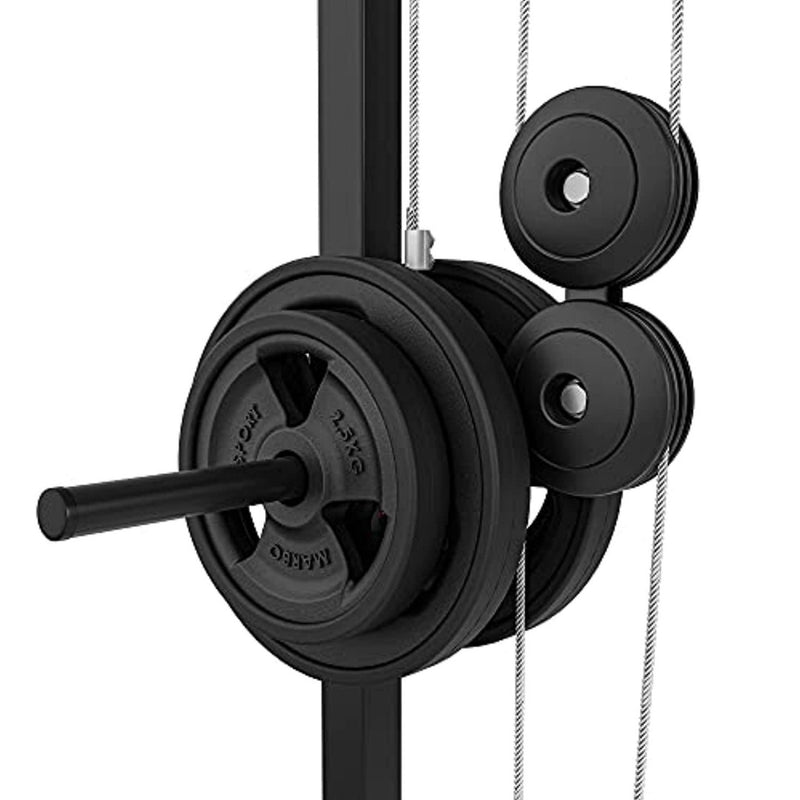 Laad afbeelding in Galerijviewer, Een zwarte sportkabel crossover machine met daaraan een gewicht, die trainingsmogelijkheden en Europese topkwaliteit biedt.
