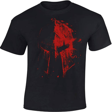Een zwart t-shirt met een rode Spartaanse helm (bloedhelm) zeefdruk erop gedrukt.