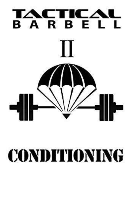Logo voor "Tactical Barbell 2: Conditioning" met een parachute boven een halter, die tactische training en uithoudingsvermogen symboliseert.