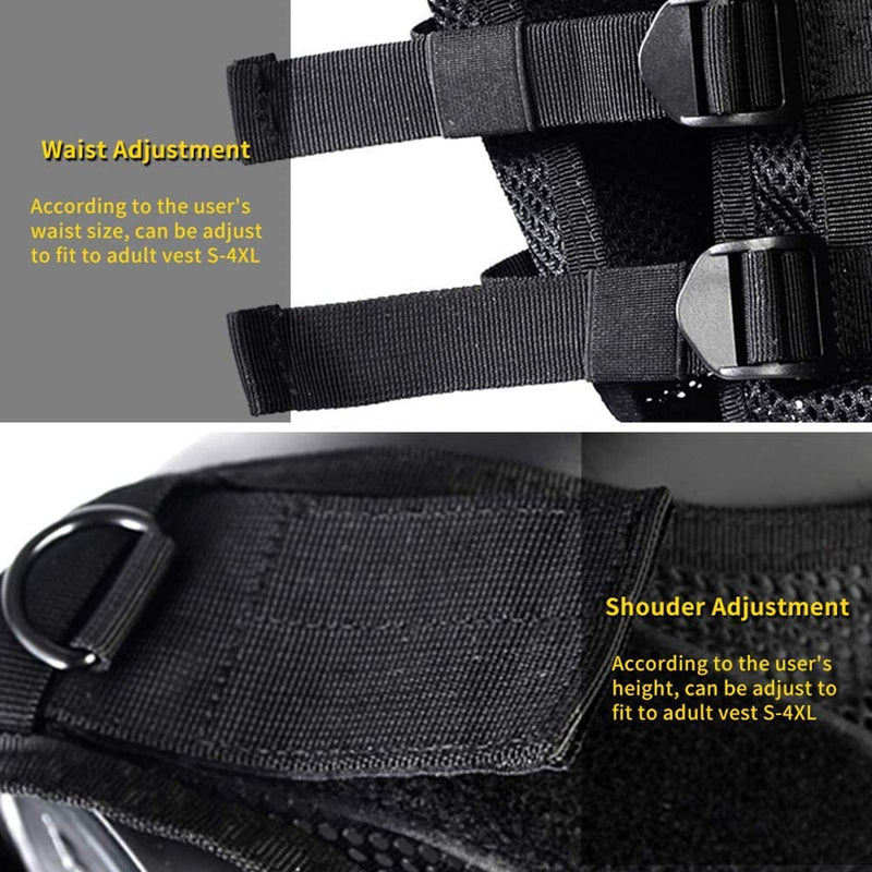 Load image into Gallery viewer, Close-up van de taille- en schouderverstelbanden en gespen van een multifunctioneel tactisch vest, gemaakt van hoogwaardig nylon, met tekst die de pasvorm beschrijft voor de maten s-4xl.
