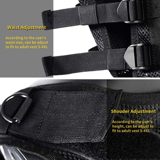 Close-up van de taille- en schouderverstelbanden en gespen van een multifunctioneel tactisch vest, gemaakt van hoogwaardig nylon, met tekst die de pasvorm beschrijft voor de maten s-4xl.