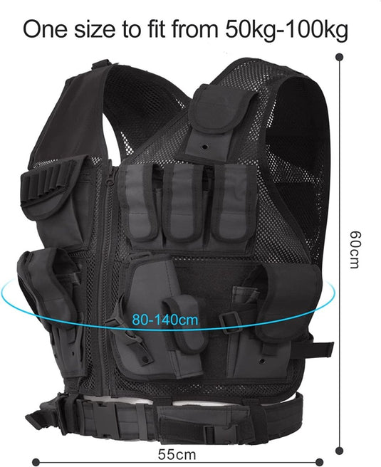 Multifunctioneel tactisch vest met meerdere zakken en verstelbare bandjes, weergegeven met aantekeningen over de afmetingen en het gewichtsvermogen, gemaakt van hoogwaardig nylon.