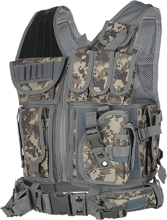Een duurzaam camouflagevest met meerdere compartimenten ontworpen voor tactisch gebruik, dat zowel comfort als functionaliteit biedt - Dompel jezelf onder in Avontuur met het ultieme Tactische Vest voor Heren.