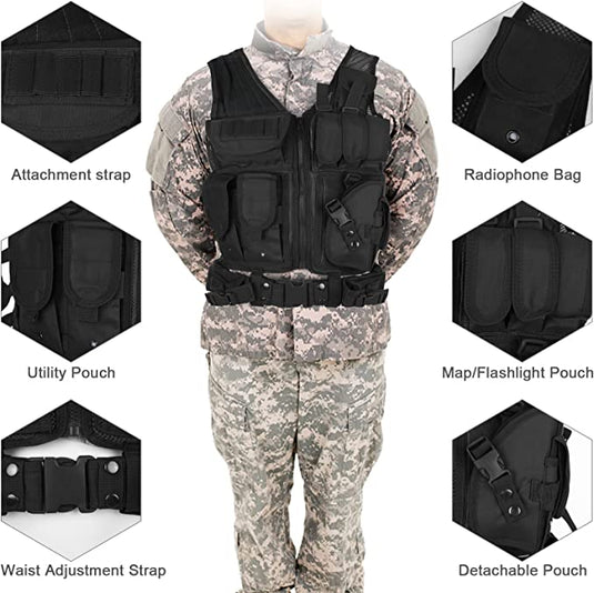 Een mannequin gekleed in een militair camouflage-uniform en draagt het "Dompel jezelf onder in avontuur met het ultieme tactische vest voor heren", gemaakt van duurzaam Oxford-materiaal, met diverse af.