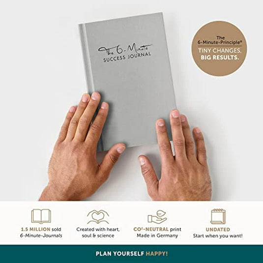 De handen van een persoon rusten op de cover van "Het 6-Minute Success Journal: Transformeer je Leven met Slechts 6 Minuten Per Dag!" met beschrijvende tags die de kenmerken en oorsprong ervan benadrukken, met de nadruk op de productiviteits- en mindfulness-toepassingen.