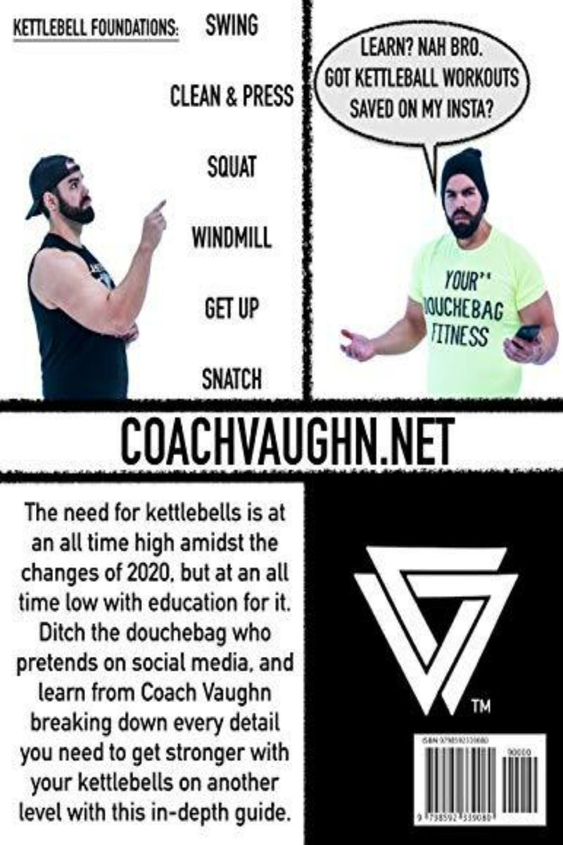 Laad afbeelding in Galerijviewer, Een infographic waarin Coach Vaughn reclame maakt voor &#39;The Kettlebell Awaits: Kettlebell Strength Guide For Singles &amp; Doubles&#39;, zoals schommels, squats en windmolens, met tekstoverlays en website-informatie.
