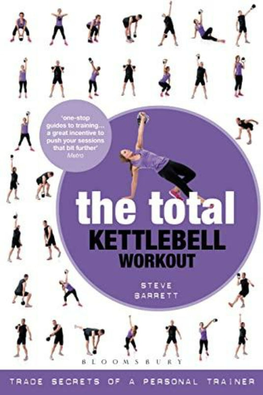 Een boekomslag met de titel "The Total Kettlebell Workout: Trade Secrets of a Personal Trainer" met meerdere afbeeldingen van een persoon die verschillende kettlebell-trainingsoefeningen demonstreert.