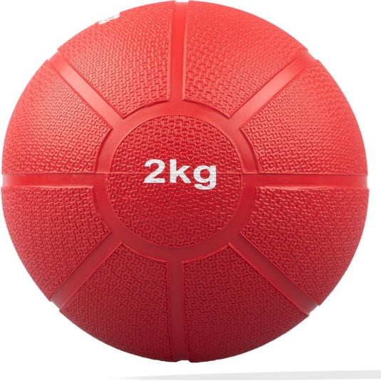 Train je lichaam met de Rode getextureerde medicijnbal voor krachttraining, met een gewicht van 2 kilogram.