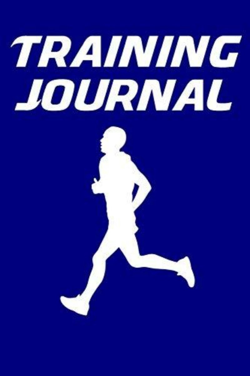 Load image into Gallery viewer, Zin met productnaam: Trainingslogboek: Hardlooplogboek voor hardlopers met tempoconversiegrafieken op de loopband voor 5 km, 10 km, halve marathon en marathon met een wit silhouet van een rennende persoon op een blauwe achtergrond.

