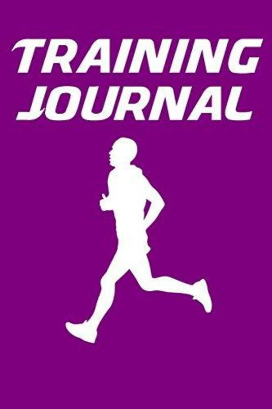 Een paarse omslag van een "Trainingsdagboek: hardlooplogboek voor hardlopers met conversiegrafieken voor loopbandtempo voor 5 km, 10 km, halve marathon en marathon" met het witte silhouet van een rennend persoon.