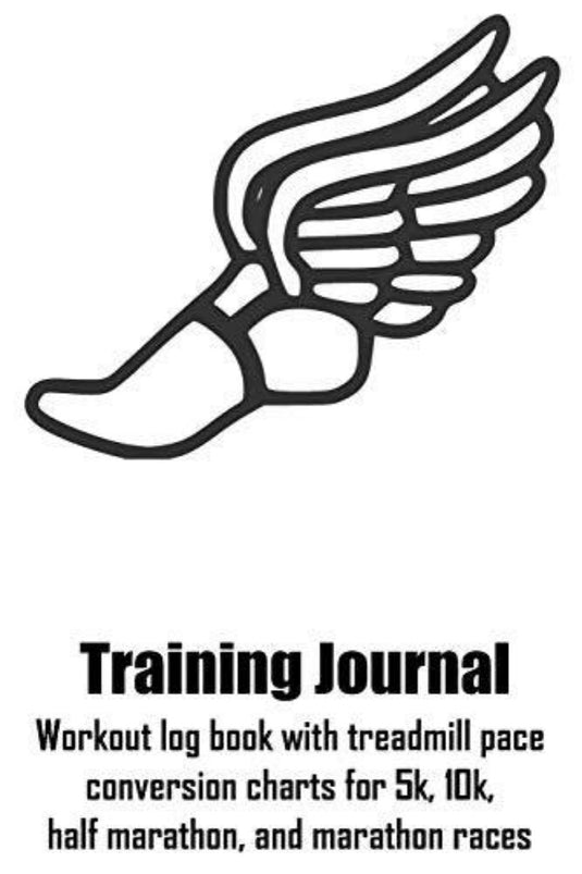 Logo met een gevleugelde schoen boven de tekst "Trainingslogboek: trainingslogboek met loopbandtempoconversiegrafieken voor 5k-, 10k-, halve marathon- en marathonraces" met details over het opnemen van een trainingslogboek en hardloopconversiegrafieken voor verschillende races.