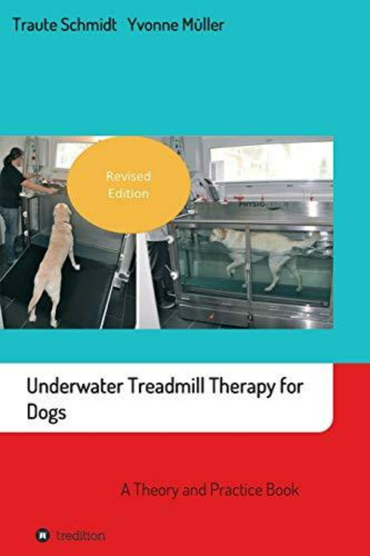 Zin met productnaam: Een boekomslag met de titel "Underwater Treadmill Therapy for Dogs: A Theory and Practice Book" waarin hondentherapie wordt getoond waarbij een hond hydrotherapie krijgt op een loopband in een met water gevulde ruimte, gericht op de behandeling van elleboog- en heupdysplasie.