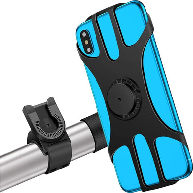 Universele fiets telefoonhouder: veilig en comfortabel fietsen met je smartphone met een blauw en zwart smartphonehoesje bevestigd aan een stuur.