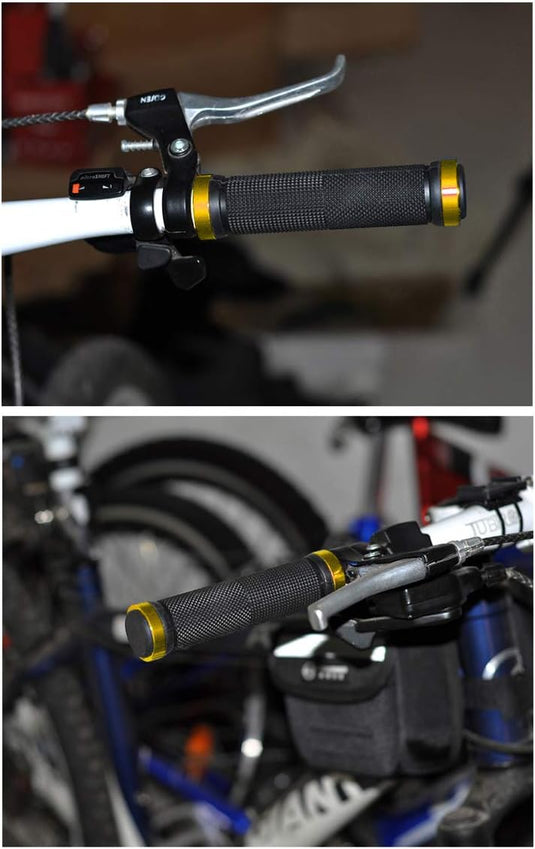 Twee foto's van een Fiets handvatten: Premium comfort voor jouw fietstochten.