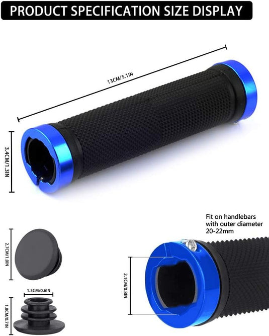 Een blauw-zwarte Fietshandvatten met afmetingen, ontworpen voor optimale grip en schokabsorptie. Perfect voor fietsers die betrouwbare Fietshandvatten voor jouw fietstochten nodig hebben.