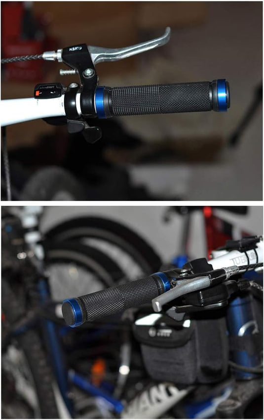 Twee foto's van Fiets handvatten met premium comfort voor uw fietstochten.