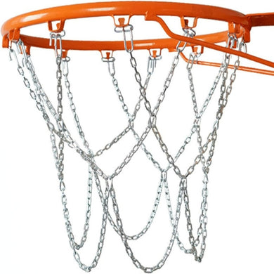Verleng de nauwkeurigheid van je basketbalring met een robuust en duurzaam basketbalnet van staal bevestigd aan een oranje hoepel.