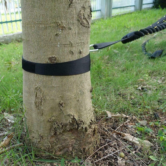 Een Versterk je strijdtouwtraining met de battlerope-ankerkit van hoogwaardige materialen wordt aan de stam van een boom bevestigd.