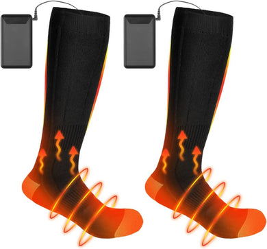 Elektrische verwarmde sokken die comfortabele warmte bieden, weergegeven op een witte achtergrond.