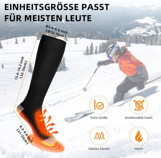 Een advertentie voor veelzijdige, one-size-fits-all wintersokken met sterke elasticiteit en comfortabele vezels, ideaal voor ski-activiteiten. Deze elektrisch verwarmde sokken voor dames en heren zijn er ook als elektrisch verwarmde sokken.