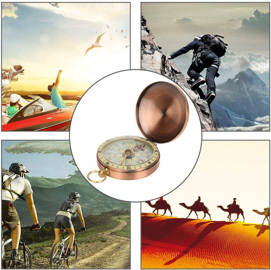 Collage van avontuurlijke beelden, waaronder bergbeklimmen, fietsen, woestijnkameelrijden, een Vintage koper kompas: een klassiek hulpmiddel voor outdoorliefhebbers, en een persoon in een cabriolet.