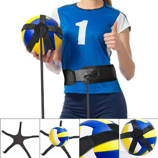 Elastische volleybalweerstandsgordel voor verbeterde training met een solo-oefenhulp voor dienen en spiken, gedemonstreerd door een persoon die een duim omhoog geeft.