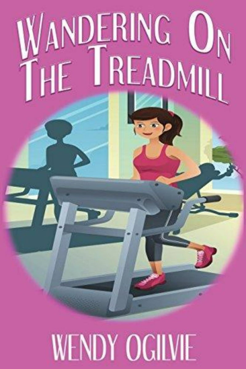 Load image into Gallery viewer, Zin met productnaam: Boekomslag voor &quot;Wandering on the Treadmill&quot; met een illustratie van een glimlachende vrouw die op een loopband rent met het silhouet van een gezondheids- en fitnessmanager op de achtergrond.
