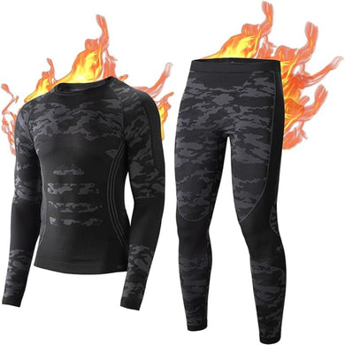 Warm, comfortabel en flexibel thermo ondergoed voor heren met gestileerde vlammen op de mouwen en taille, voorzien van bamboekoolstof.