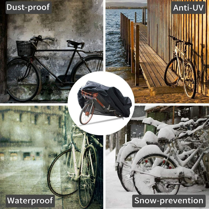 Laad afbeelding in Galerijviewer, Vier afbeeldingen van een fiets in verschillende weersomstandigheden, met het label: stofdicht, anti-uv, Bescherm je waardevolle fiets tegen alle weersomstandigheden met onze waterdichte fietshoes met slotgaten!, en sneeuwpreventie, om de beschermende eigenschappen van een fietshoes te benadrukken.
