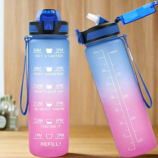Waterfles 1 l, drankfles met rietje en tijdmarkeringen, lekvrije sportkruik, herbruikbaar, BPA-vrije Tritan wateropslagcontainer voor sportschool, outdoor, fitness, fietsen, outdoor, 1 klik - happygetfit.com