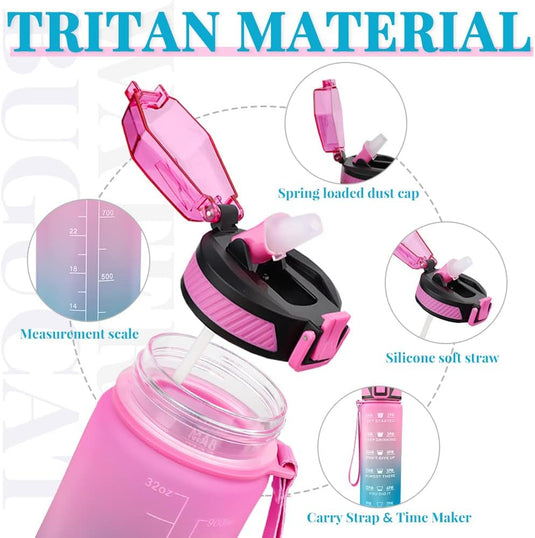 1 liter Tritan waterfles met tijdsaanduiding.