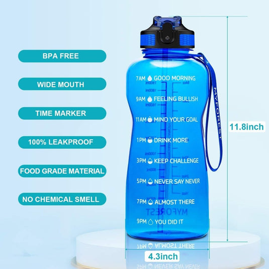 Een afbeelding van de Motivatie en hydratatie in één! waterflesjes met afmetingen, bevordering van de gezondheid.