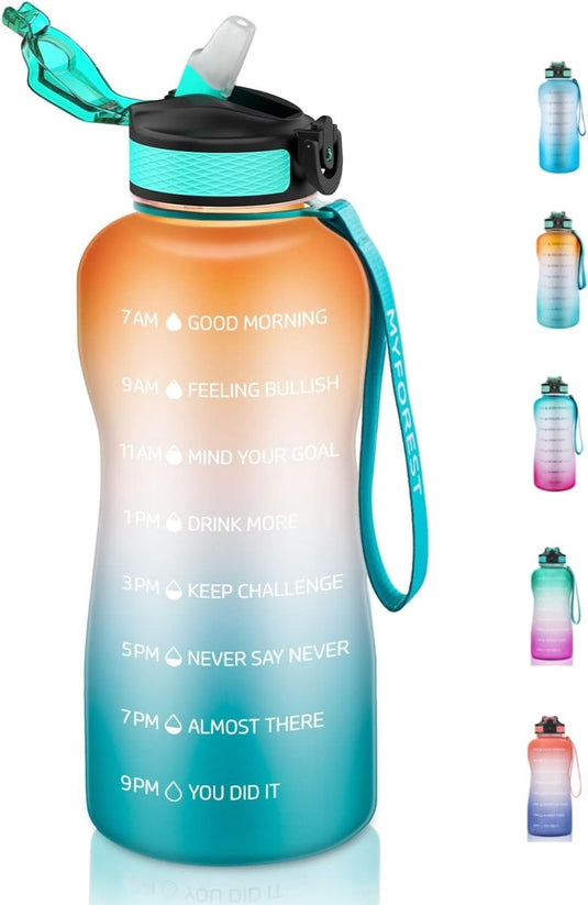 Een kleurrijke waterfles met handvat, perfect om onderweg gehydrateerd te blijven. Deze BPA-vrije Motivatie en hydratatie in één! Waterfles zorgt voor een optimale gezondheid terwijl u van uw favoriete drankje nipt.