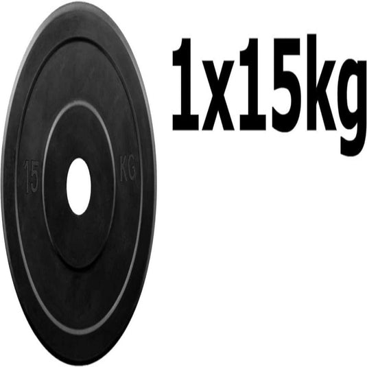 Een zwart plastic bord genaamd "Wil jij thuis of in de sportschool je spieren trainen?", ontworpen voor oefeningen, en met het woord 1x15kg.