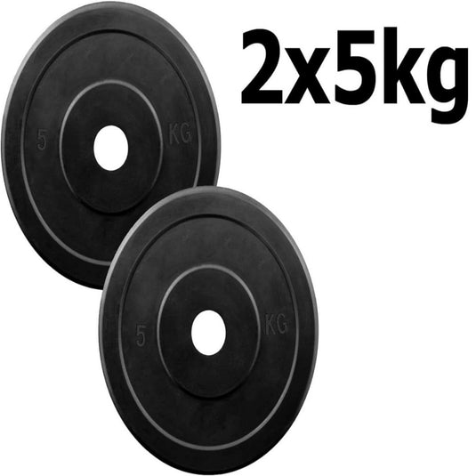 Twee zwarte kunststof platen met de tekst "Wil jij thuis of in de sportschool je spieren trainen?", geschikt voor oefeningen en te gebruiken met een halterstang.