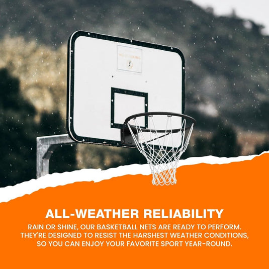 Outdoor basketbalring tegen een besneeuwde achtergrond, met de nadruk op duurzaamheid onder alle weersomstandigheden met een net in Michael Jordan-stijl.