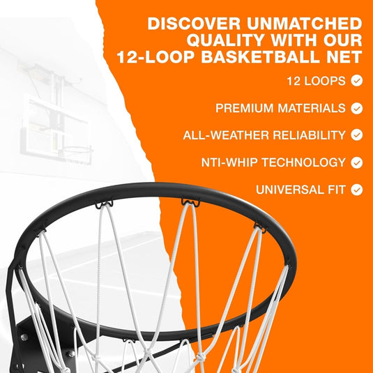 Promotionele afbeelding voor een hoogwaardig, duurzaam Michael Jordan basketbalnet met 12 lussen, hoogwaardige materialen, betrouwbaarheid onder alle weersomstandigheden, anti-whip-technologie en een universele pasvorm. Nu met een net in NBA-stijl
