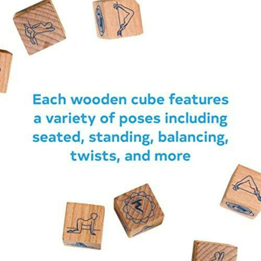 Yoga dobbelstenen met 7 houten blokken die elk een andere yogapositie afbeelden, ideaal voor een leuke en creatieve manier om je yoga-oefeningen te variëren